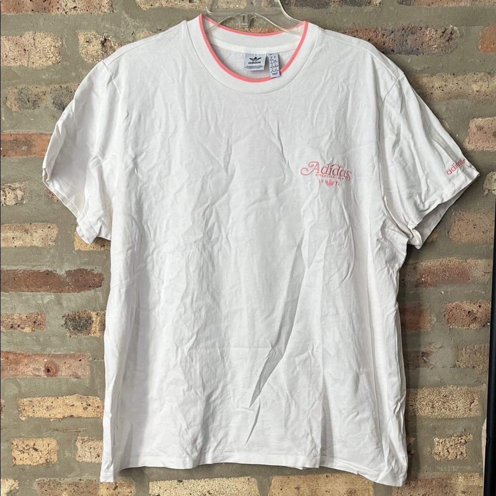 adidas Off-White Tee with Pink Trim and embroidery logo front & back oversized